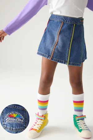 Little Bird Girls Washed Denim Rainbow Embroidered 100% Cotton Skort