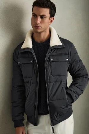 Reiss Mens Navy/ White Borg Misty Faux-Fur Collar Puffer Jacket