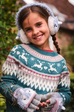 Fat Face Girls FatFace Teal Reindeer Fairisle Pattern Jumper