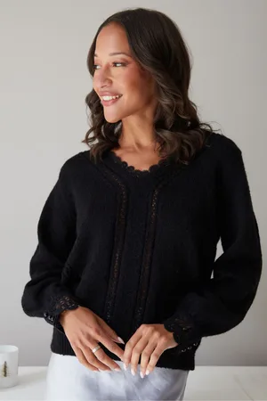 Threadbare Womens Lace Trim V-Neck Knitted Jumper