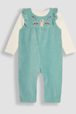 JoJo Maman Bébé Girls Duck Egg Mouse Appliqué Velour Dungarees and Top Set
