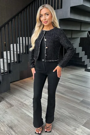 Ax Paris Womens Sparkle Tweed Contrast Hem Detail Cropped Jacket
