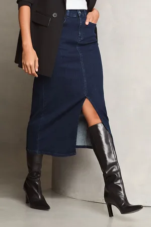 Lipsy London Womens Dark Wash Denim High Rise Split Front Midi Skirt