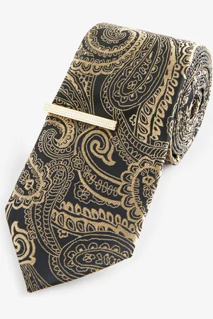 Next Mens /Yellow Gold Paisley Slim Design Tie And Tie Clip