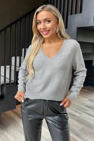 Ax Paris Womens Cream V-Neck Sparkle Jumper