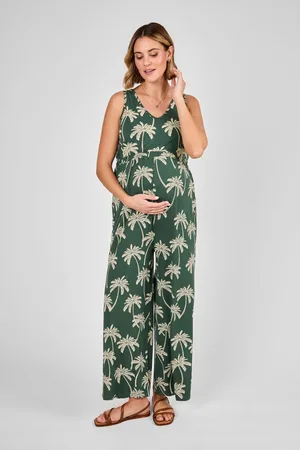JoJo Maman Bébé Khaki Maternity Palm Print Wide Leg Jersey Jumpsuit L