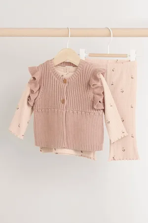 Next Girls Rust / Beige Ditsy Print Baby 100% Cotton Long Sleeve Top Knitted Waistcoat and Leggings Set 3 Piece (0mths-2yrs)