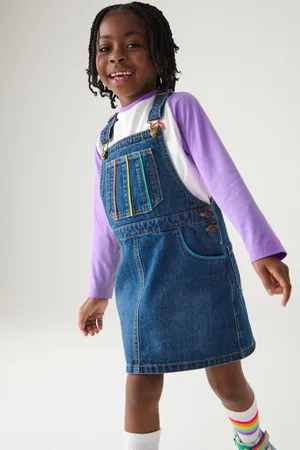 Little Bird Girls Washed Denim Rainbow Embroidered Pinafore 100% Cotton Dress