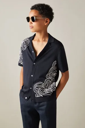 Reiss Boys Navy/Off White Romance 9-13 yrs Jersey Embroidered Cuban Collar Shirt