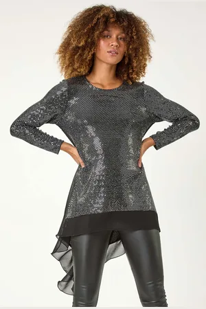 Roman Metallic Chiffon Hem Sequin Stretch Tunic Top AU 10