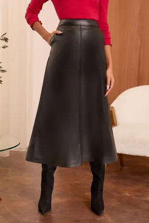 Love & Roses Womens Faux Leather Fit and Flare Midi Skirt