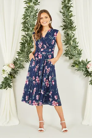 Yumi Floral Print Mesh Stretch Midi Dress With Pockets AU 12