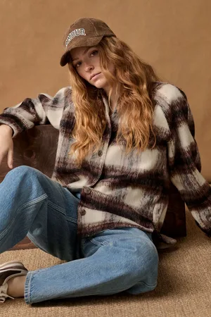 Next Womens Burgundy Red/Ecru Cream Check Long Sleeve Shacket