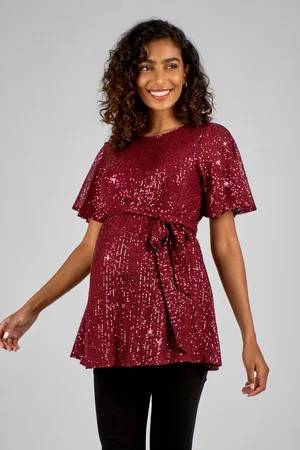 JoJo Maman Bébé Womens Wine Sequin Maternity Flutter Sleeve Top