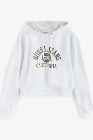 Guess White 100% Cotton Varsity Logo Cropped Hoodie XL