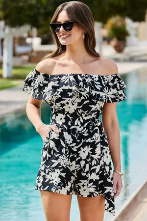 Sosandar Womens Petite Floral Print Ruffle Detail Bardot Playsuit