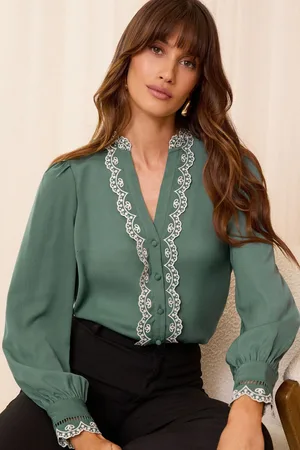 Love & Roses Womens Satin Broderie Ruffle Long Sleeve Blouse