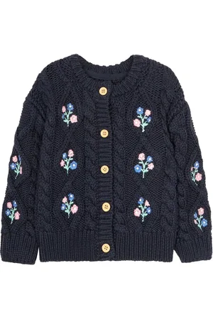 JoJo Maman Bébé Girls Navy Embroidered Cosy Cable Cardigan