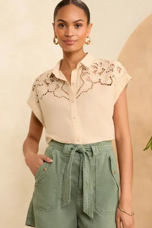 Love & Roses Womens Beige Linen Cutwork Roll Sleeve Utility Shirt