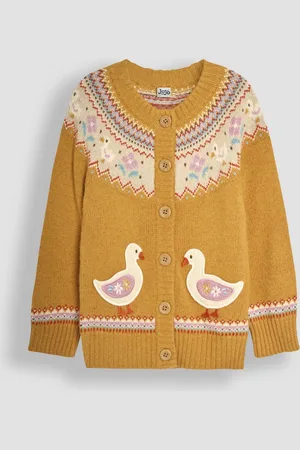 JoJo Maman Bébé Girls Mustard Duck Knit Fair Isle Cardigan