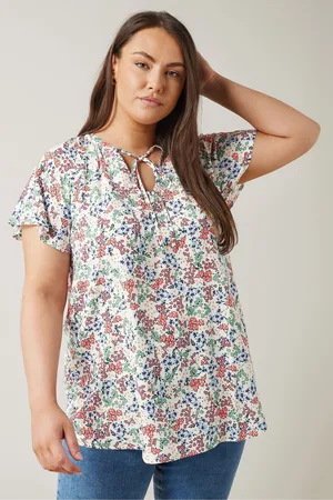 Evans Womens Curve Floral Print Tie Neck White Blouse