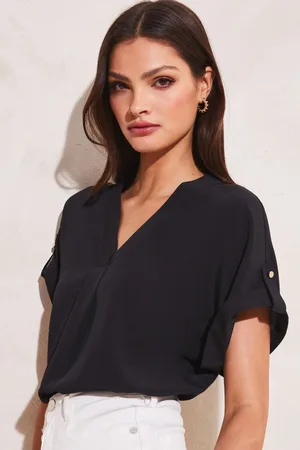 Lipsy London Womens Utility V Neck Short Roll Sleeve Top