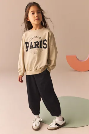Next Girls Ecru Oversized 100% Cotton Sweat and Check Barrel Leg Joggers Set (3-16yrs)