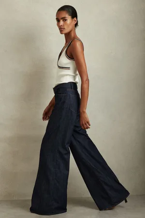 Reiss Womens Dark Luca Belted Wide Leg Jeans