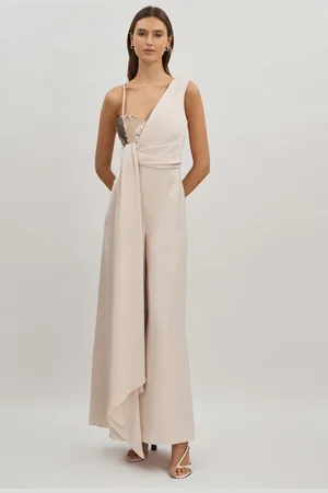 Halston Heritage Womens Satin Sequin Wide Leg Jumpsuit