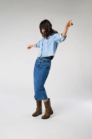 ONLY Womens Denim Midi Skirt With Front Split