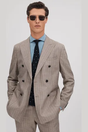 Reiss Mens Mocha Epsom Slim Fit Wool-Silk-Linen Double Breasted Blazer