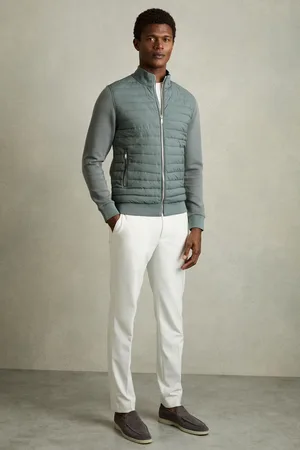 Reiss Mens Teal Green Freddie Interlock Hybrid Funnel-Neck Jacket