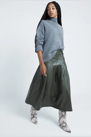 River Island Womens Faux Leather Pleated Midi Skirt