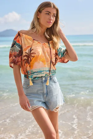Next Womens Scenic Print Short Sleeve Tie Neck Bardot Blouse