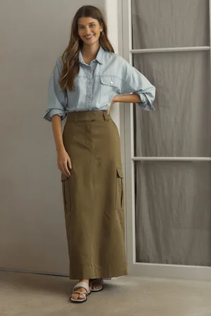 Next Womens Khaki Utility Midi 100% Cotton Skirt