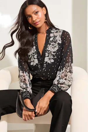 Lipsy London Womens /White Button Through V Neck Long Sleeve Printed Blouse