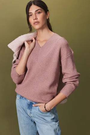 Next Womens Blush Relaxed Fit Ribbed V-Neck Knitted Jumper