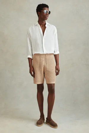 Reiss Mens Soft Taupe Creek Cotton Blend Crochet Drawstring Shorts