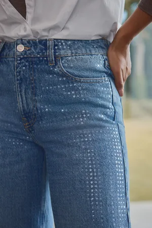 Next Womens Mid Sequin Embellished Wide Leg 100% Cotton Jeans
