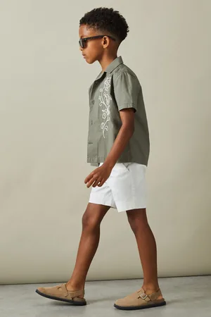 Reiss Boys Sage/Off White Sonny 3-9 yrs Cotton Embroidered Cuban Collar Shirt