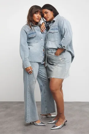 Simply Be Womens Oversized Light Wash Embellished Denim Shirt