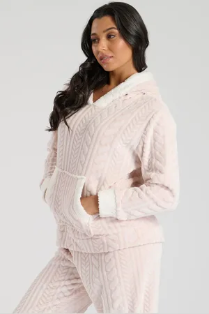 Loungeable Womens Cable Cut Luxury Fleece Hooded Ears Twosie Fleece