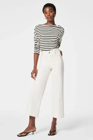 Spanx Womens Cropped Raw Hem Wide Leg Jeans