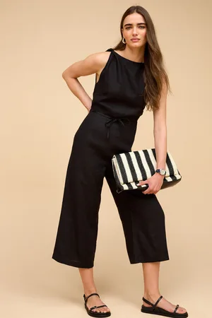 Next Womens 100% Linen Tie Waist Open Back Jumpsuit