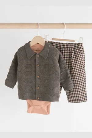 Next Boys Check Baby 100% Cotton Knitted Jumper and Trousers 3 Piece Set (0mths-2yrs)