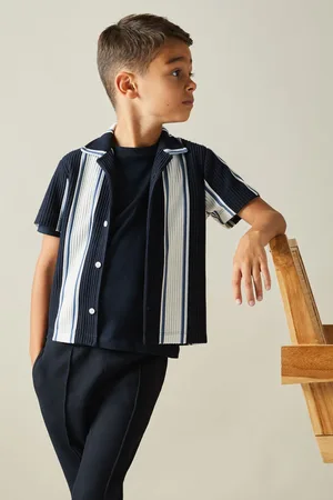 Reiss Boys Navy/Off White/Airforce Alton 9-13 yrs Ribbed Cuban Collar Shirt