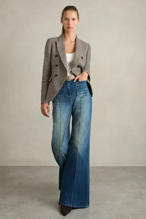 Reiss Womens Navy Neutral Check Evie Petite Cotton-Linen Double-Breasted Houndstooth-Check Blazer