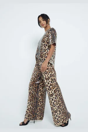 River Island Brown Petite Leopard Print Sequin Trousers AU 8