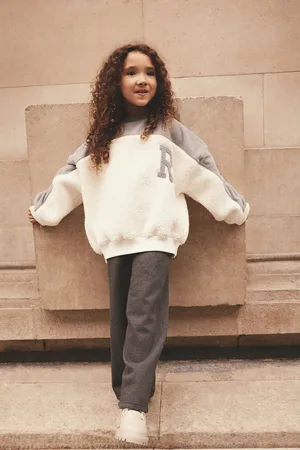 Next Girls Ecru Borg Sweatshirt And Wide Leg Joggers Set (3-16yrs)