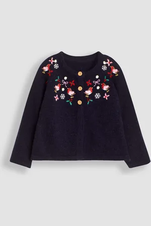 JoJo Maman Bébé Girls Navy Robin Embroidered Cardigan